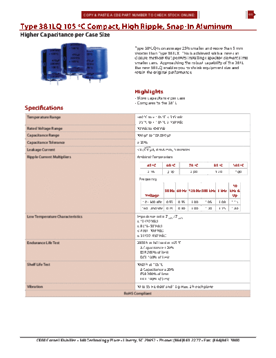 CDE [Cornell-Dubilier] CDE [snap-in] 381LQ Series  . Electronic Components Datasheets Passive components capacitors CDE [Cornell-Dubilier] CDE [snap-in] 381LQ Series.pdf