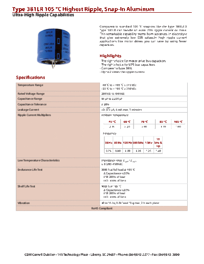 CDE [Cornell-Dubilier] CDE [snap-in] 381LR Series  . Electronic Components Datasheets Passive components capacitors CDE [Cornell-Dubilier] CDE [snap-in] 381LR Series.pdf