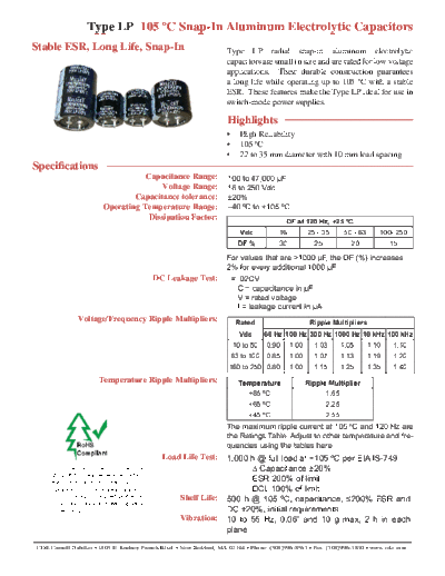 CDE [Cornell-Dubilier] CDE [snap-in] LP Series  . Electronic Components Datasheets Passive components capacitors CDE [Cornell-Dubilier] CDE [snap-in] LP Series.pdf