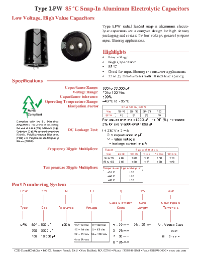 CDE [Cornell-Dubilier] CDE [snap-in] LPW Series  . Electronic Components Datasheets Passive components capacitors CDE [Cornell-Dubilier] CDE [snap-in] LPW Series.pdf