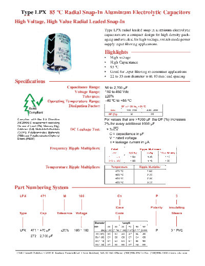CDE [Cornell-Dubilier] CDE [snap-in] LPX Series  . Electronic Components Datasheets Passive components capacitors CDE [Cornell-Dubilier] CDE [snap-in] LPX Series.pdf