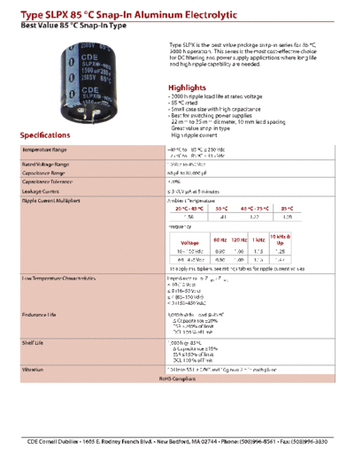 CDE [Cornell-Dubilier] CDE [snap-in] SLPX Series  . Electronic Components Datasheets Passive components capacitors CDE [Cornell-Dubilier] CDE [snap-in] SLPX Series.pdf