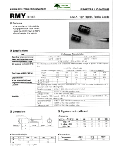 Daewoo-Parstnic Daewoo-Partsnic [radial thru-hole] RMY Series  . Electronic Components Datasheets Passive components capacitors Daewoo-Parstnic Daewoo-Partsnic [radial thru-hole] RMY Series.pdf