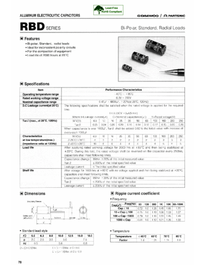 Daewoo-Parstnic Daewoo-Partsnic [radial thru-hole] RBD SERIES  . Electronic Components Datasheets Passive components capacitors Daewoo-Parstnic Daewoo-Partsnic [radial thru-hole] RBD SERIES.pdf
