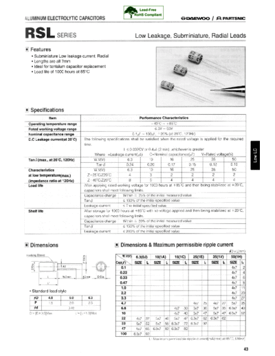 Daewoo-Parstnic Daewoo-Partsnic [radial thru-hole] RSL Series  . Electronic Components Datasheets Passive components capacitors Daewoo-Parstnic Daewoo-Partsnic [radial thru-hole] RSL Series.pdf