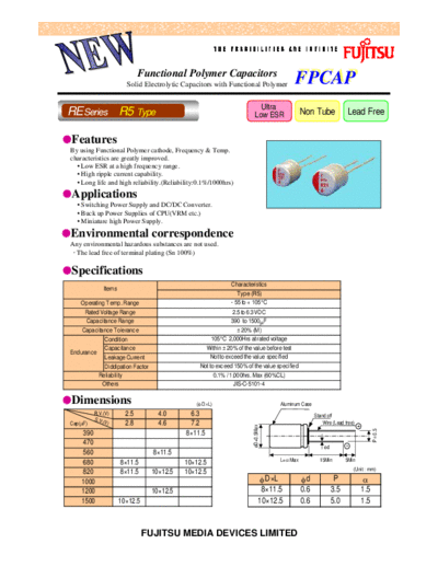 Fujitsu 2006 [polymer] RE Series Type R5  . Electronic Components Datasheets Passive components capacitors Fujitsu Fujitsu 2006 [polymer] RE Series Type R5.pdf