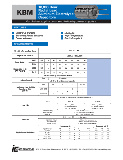 Illinois [radial thru-hole] KBM series  . Electronic Components Datasheets Passive components capacitors Illinois illinois [radial thru-hole] KBM series.pdf