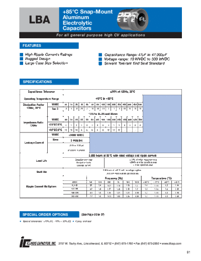 Illinois [snap-in] LBA series  . Electronic Components Datasheets Passive components capacitors Illinois illinois [snap-in] LBA series.pdf