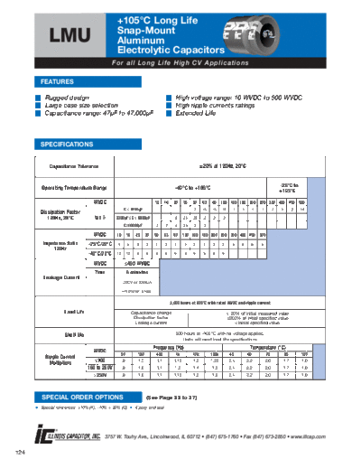 Illinois [snap-in] LMU series  . Electronic Components Datasheets Passive components capacitors Illinois illinois [snap-in] LMU series.pdf