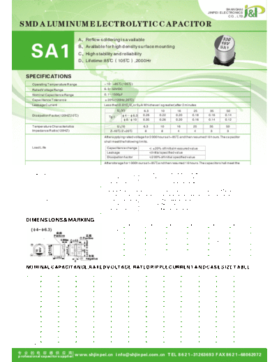 J&P [JinPei] JinPei [smd] SA1 Series  . Electronic Components Datasheets Passive components capacitors J&P [JinPei] JinPei [smd] SA1 Series.pdf