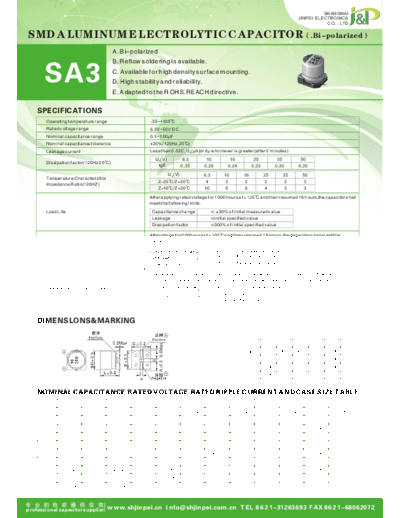 J&P [JinPei] JinPei [smd] SA3 Series  . Electronic Components Datasheets Passive components capacitors J&P [JinPei] JinPei [smd] SA3 Series.pdf