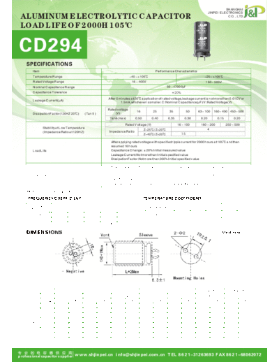 J&P [JinPei] JinPei [snap-in] CD294 Series  . Electronic Components Datasheets Passive components capacitors J&P [JinPei] JinPei [snap-in] CD294 Series.pdf