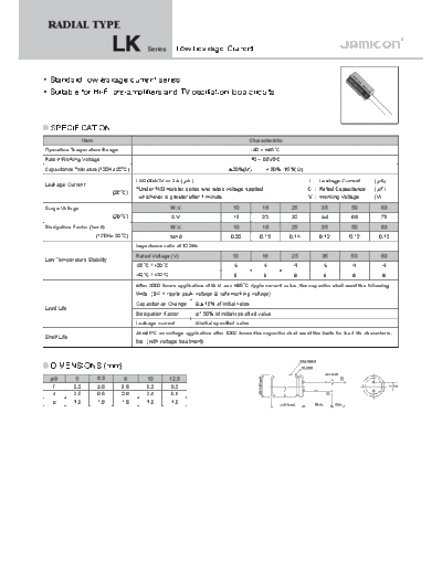 Jamicon [radial thru-hole] LK Series  . Electronic Components Datasheets Passive components capacitors Jamicon Jamicon [radial thru-hole] LK Series.pdf