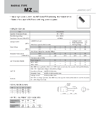 Jamicon [radial thru-hole] MZ Series  . Electronic Components Datasheets Passive components capacitors Jamicon Jamicon [radial thru-hole] MZ Series.pdf