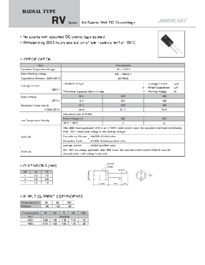Jamicon [radial thru-hole] RV Series  . Electronic Components Datasheets Passive components capacitors Jamicon Jamicon [radial thru-hole] RV Series.pdf
