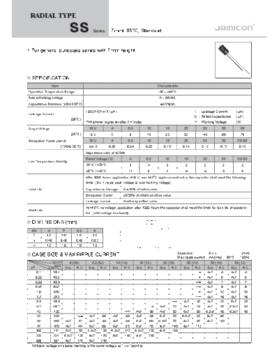 Jamicon [radial thru-hole] SS Series  . Electronic Components Datasheets Passive components capacitors Jamicon Jamicon [radial thru-hole] SS Series.pdf