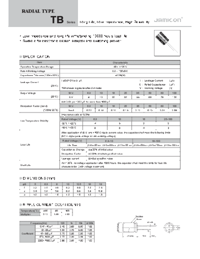 Jamicon [radial thru-hole] TB Series  . Electronic Components Datasheets Passive components capacitors Jamicon Jamicon [radial thru-hole] TB Series.pdf