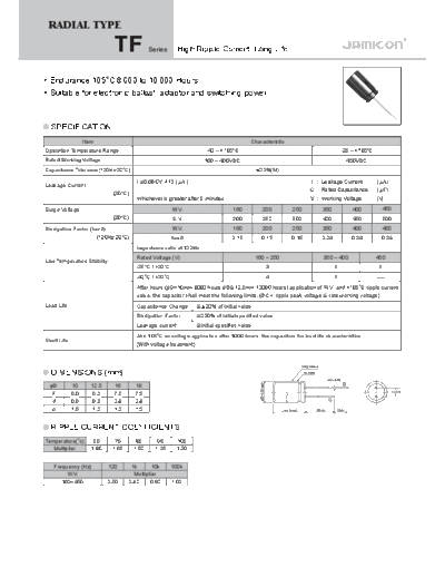 Jamicon [radial thru-hole] TF Series  . Electronic Components Datasheets Passive components capacitors Jamicon Jamicon [radial thru-hole] TF Series.pdf