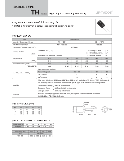 Jamicon [radial thru-hole] TH Series  . Electronic Components Datasheets Passive components capacitors Jamicon Jamicon [radial thru-hole] TH Series.pdf