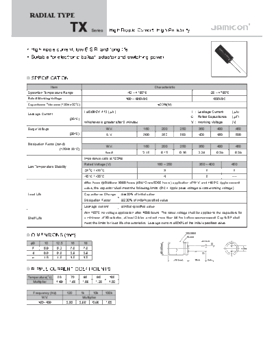 Jamicon [radial thru-hole] TX Series  . Electronic Components Datasheets Passive components capacitors Jamicon Jamicon [radial thru-hole] TX Series.pdf