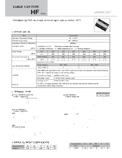 Jamicon [snap-in] HF Series  . Electronic Components Datasheets Passive components capacitors Jamicon Jamicon [snap-in] HF Series.pdf