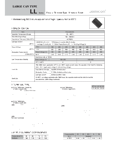 Jamicon [snap-in] LL Series  . Electronic Components Datasheets Passive components capacitors Jamicon Jamicon [snap-in] LL Series.pdf