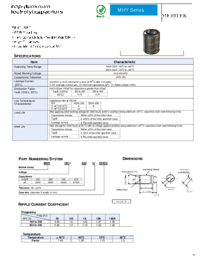 Meritek [snap-in] MHY Series  . Electronic Components Datasheets Passive components capacitors Meritek Meritek [snap-in] MHY Series.pdf
