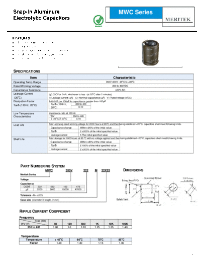 Meritek [snap-in] MWC Series  . Electronic Components Datasheets Passive components capacitors Meritek Meritek [snap-in] MWC Series.pdf