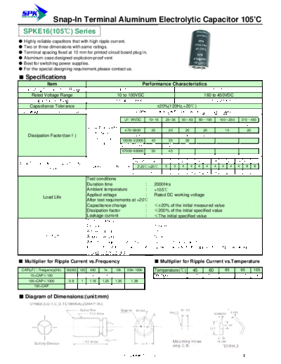 SPK [Spark] SPK [snap-in] SPKE16 Series  . Electronic Components Datasheets Passive components capacitors SPK [Spark] SPK [snap-in] SPKE16 Series.pdf