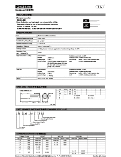 TL [Jiangxi Telexon] TL (2011)  [non-polar radial] CD269B Series  . Electronic Components Datasheets Passive components capacitors TL [Jiangxi Telexon] TL (2011)  [non-polar radial] CD269B Series.pdf