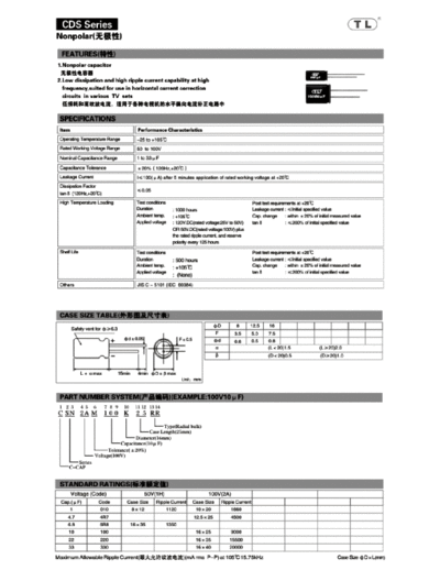 TL [Jiangxi Telexon] TL (2011)  [non-polar radial] CDS Series  . Electronic Components Datasheets Passive components capacitors TL [Jiangxi Telexon] TL (2011)  [non-polar radial] CDS Series.pdf