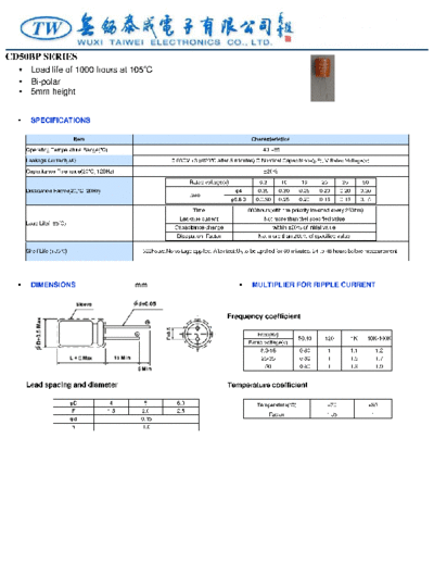 TW [Wuxi Taiwei] TW [bi-polar radial] CD50BP Series  . Electronic Components Datasheets Passive components capacitors TW [Wuxi Taiwei] TW [bi-polar radial] CD50BP Series.pdf