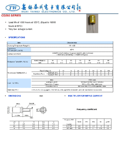 TW [Wuxi Taiwei] TW [radial thru-hole] CD265 Series  . Electronic Components Datasheets Passive components capacitors TW [Wuxi Taiwei] TW [radial thru-hole] CD265 Series.pdf