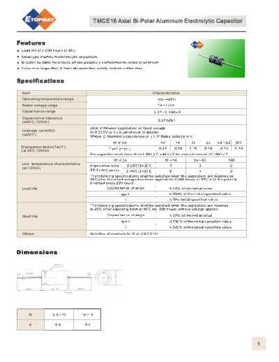 Topmay [bi-polar axial] TMCE16-BA Series  . Electronic Components Datasheets Passive components capacitors Topmay Topmay [bi-polar axial] TMCE16-BA Series.pdf