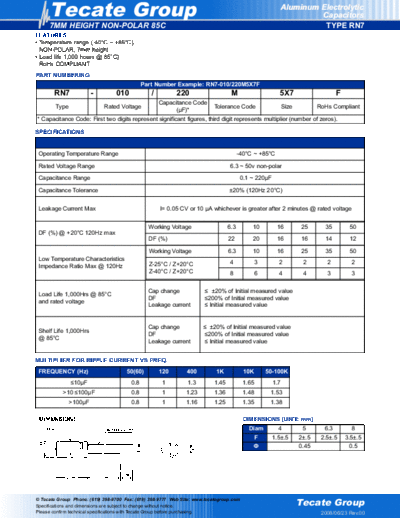 Tecate [non-polar radial] RN7 Series  . Electronic Components Datasheets Passive components capacitors Tecate Tecate [non-polar radial] RN7 Series.pdf