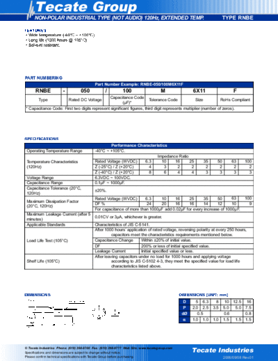 Tecate [non-polar radial] RNBE Series  . Electronic Components Datasheets Passive components capacitors Tecate Tecate [non-polar radial] RNBE Series.pdf