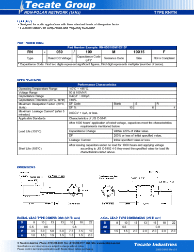 Tecate [non-polar radial] RNTN Series  . Electronic Components Datasheets Passive components capacitors Tecate Tecate [non-polar radial] RNTN Series.pdf