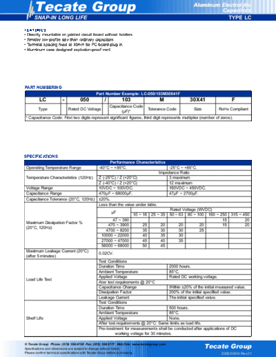 Tecate [snap-in] LC Series  . Electronic Components Datasheets Passive components capacitors Tecate Tecate [snap-in] LC Series.pdf