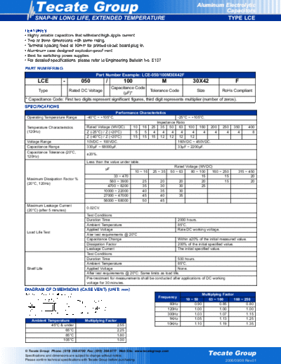 Tecate [snap-in] LCE Series  . Electronic Components Datasheets Passive components capacitors Tecate Tecate [snap-in] LCE Series.pdf