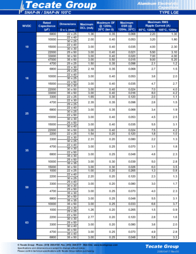 Tecate [snap-in] LGE Series  . Electronic Components Datasheets Passive components capacitors Tecate Tecate [snap-in] LGE Series.pdf