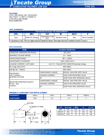 Tecate [polymer thru-hole] CPL Series  . Electronic Components Datasheets Passive components capacitors Tecate Tecate [polymer thru-hole] CPL Series.pdf