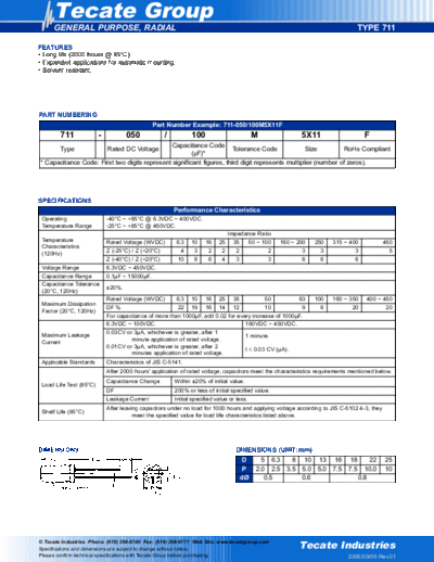 Tecate [radial thru-hole] 711 Series  . Electronic Components Datasheets Passive components capacitors Tecate Tecate [radial thru-hole] 711 Series.pdf