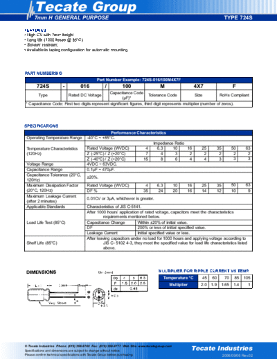 Tecate [radial thru-hole] 724S Series  . Electronic Components Datasheets Passive components capacitors Tecate Tecate [radial thru-hole] 724S Series.pdf