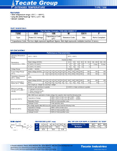 Tecate [radial thru-hole] 725E Series  . Electronic Components Datasheets Passive components capacitors Tecate Tecate [radial thru-hole] 725E Series.pdf