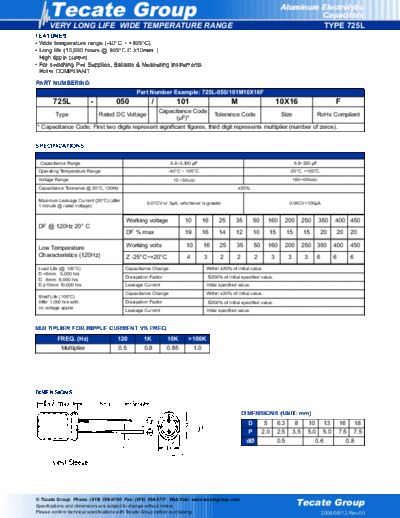 Tecate [radial thru-hole] 725L Series  . Electronic Components Datasheets Passive components capacitors Tecate Tecate [radial thru-hole] 725L Series.pdf