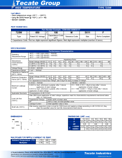 Tecate [radial thru-hole] 725W Series  . Electronic Components Datasheets Passive components capacitors Tecate Tecate [radial thru-hole] 725W Series.pdf