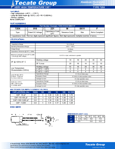 Tecate [radial thru-hole] 725X Series  . Electronic Components Datasheets Passive components capacitors Tecate Tecate [radial thru-hole] 725X Series.pdf