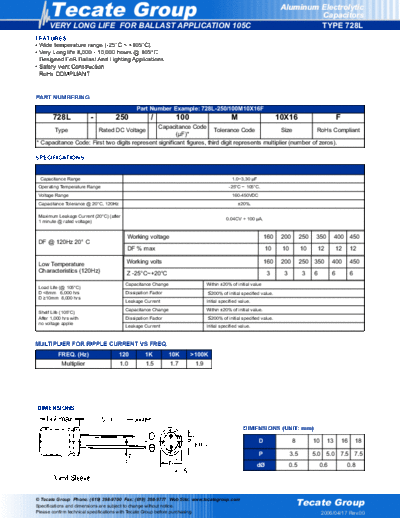 Tecate [radial thru-hole] 728L Series  . Electronic Components Datasheets Passive components capacitors Tecate Tecate [radial thru-hole] 728L Series.pdf