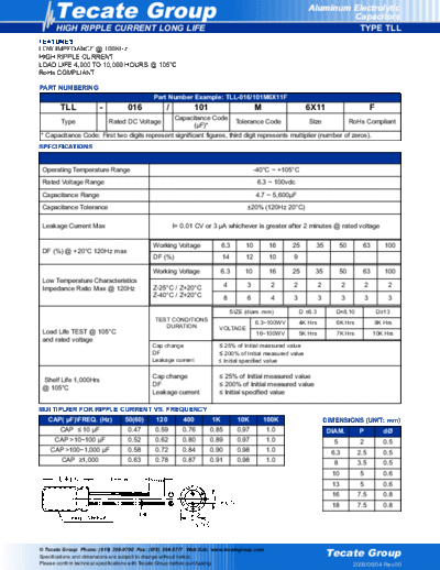 Tecate [radial thru-hole] TLL Series  . Electronic Components Datasheets Passive components capacitors Tecate Tecate [radial thru-hole] TLL Series.pdf