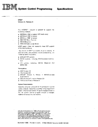 IBM GT00-1540-00 EREP V2 R3 Specifications Sep83  IBM 370 VM_SP release_notes GT00-1540-00_EREP_V2_R3_Specifications_Sep83.pdf